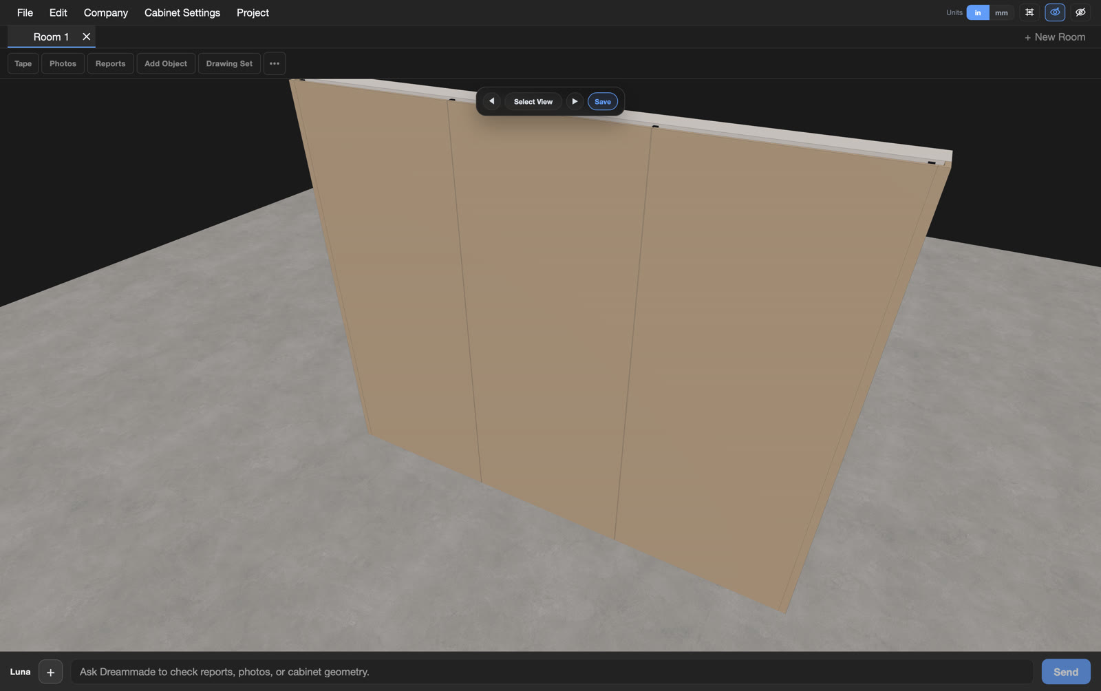 After Build Room — wall view and toolbar